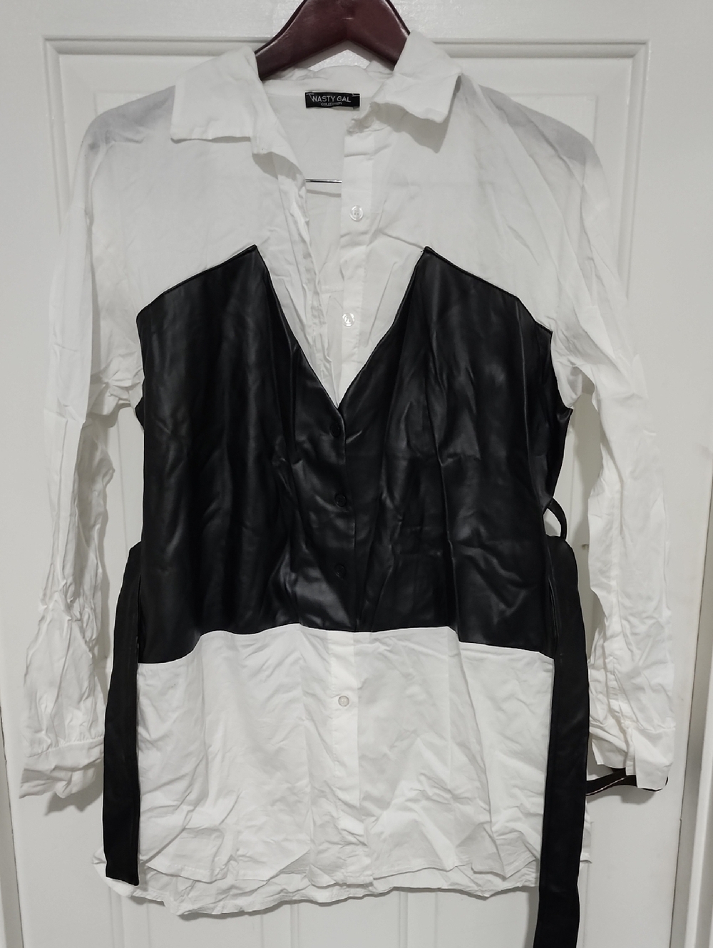 Nasty Gal Black & White Faux-Leather Panel Button-Up